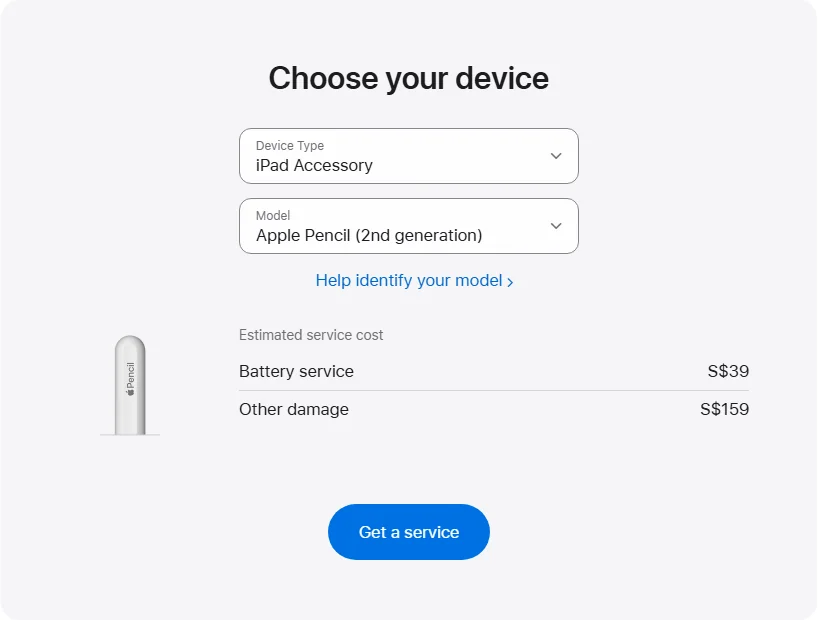 Apple Singapore's repair pricing panel showing Apple Pencil (2nd generation) service estimates