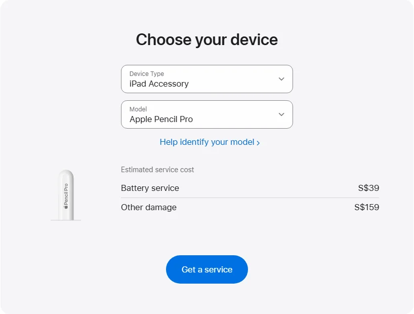 Apple Singapore's repair pricing panel showing Apple Pencil Pro service estimates