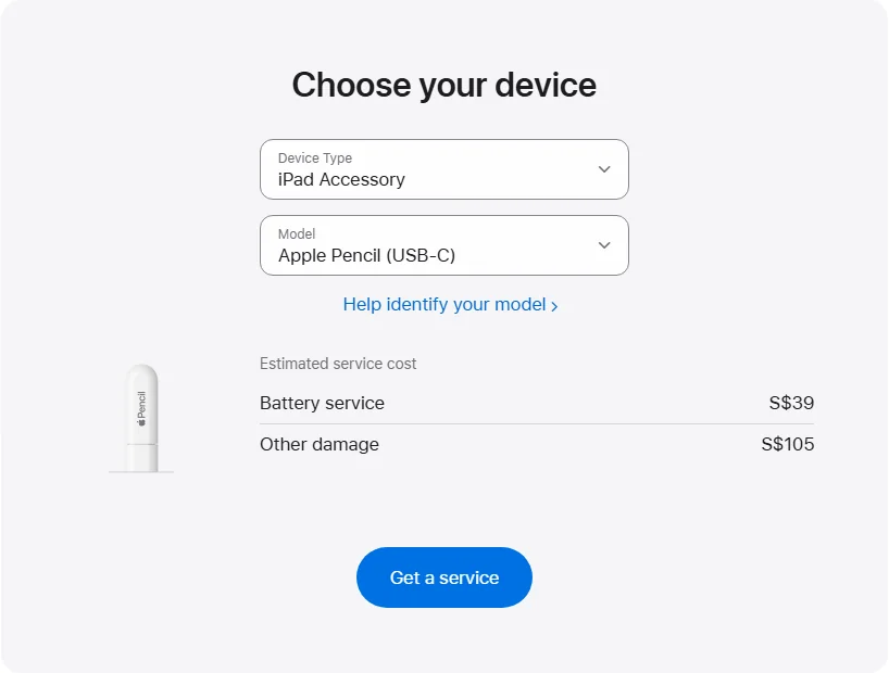 Apple Singapore's repair pricing panel showing Apple Pencil (USB-C) service estimates