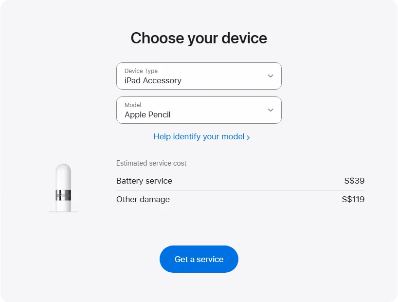 Apple Singapore's repair pricing panel showing Apple Pencil service estimates