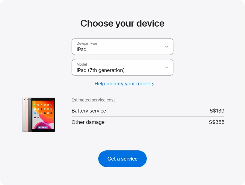 Apple Singapore's repair pricing panel showing iPad (7th generation) service estimates