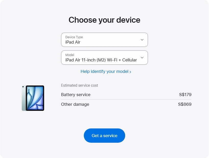 Apple Singapore's repair pricing panel showing iPad Air 11-inch (M2) Wi-Fi + Cellular service estimates