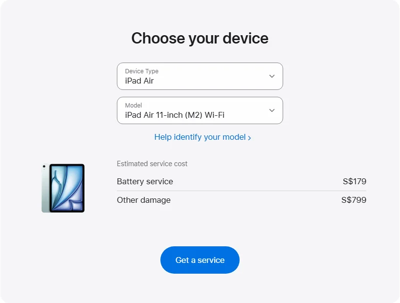 Apple Singapore's repair pricing panel showing iPad Air 11-inch (M2) Wi-Fi service estimates