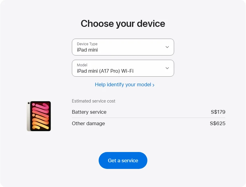 Apple Singapore's repair pricing panel showing iPad mini (A17 Pro) Wi-Fi service estimates