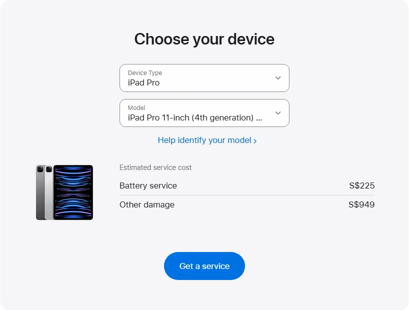 Apple Singapore's repair pricing panel showing iPad Pro 11-inch (4th generation) Wi-Fi service estimates