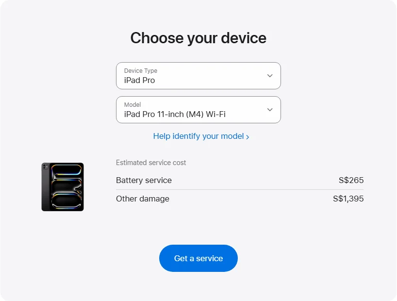 Apple Singapore's repair pricing panel showing iPad Pro 11-inch (M4) Wi-Fi service estimates