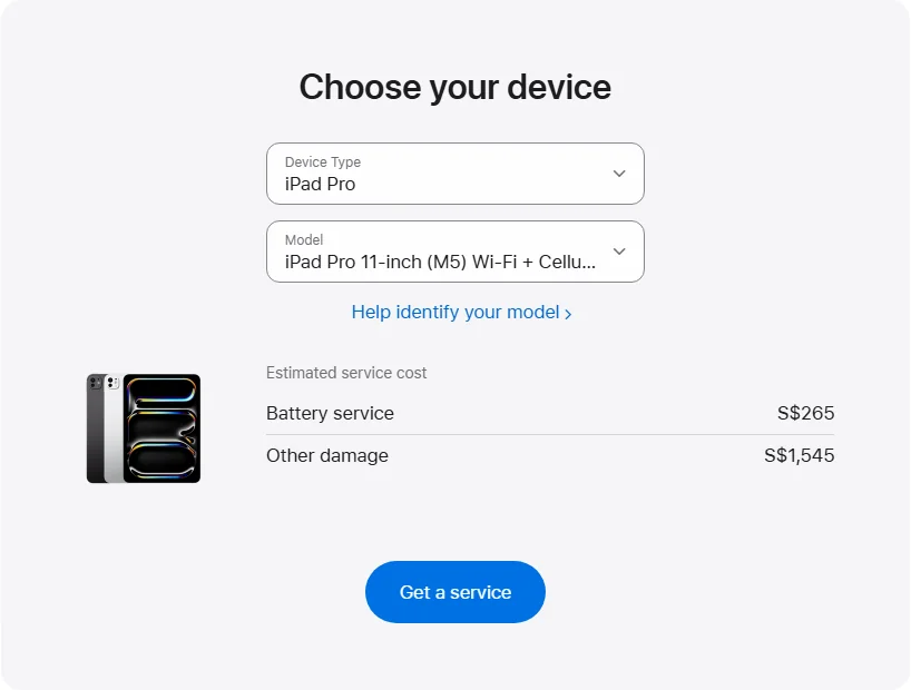 Apple Singapore's repair pricing panel showing iPad Pro 11-inch (M5) Wi-Fi + Cellular service estimates