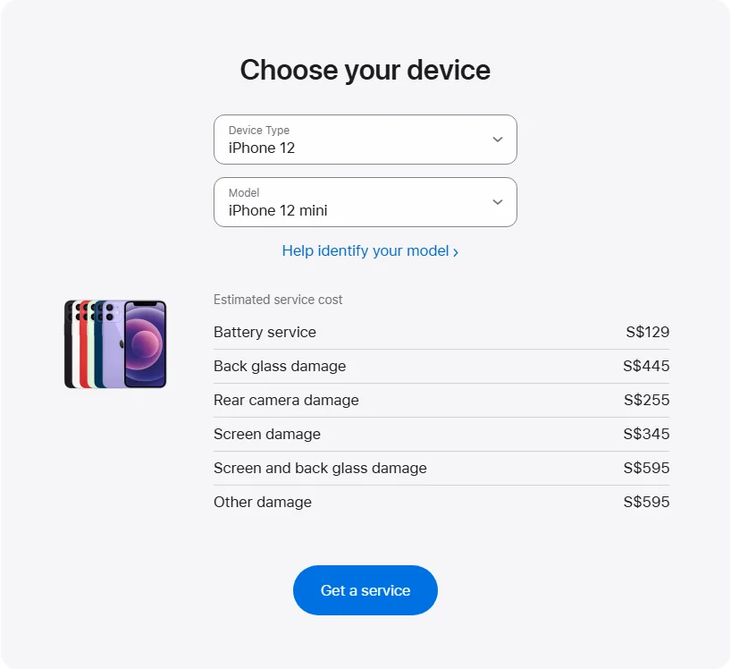 Apple Singapore's repair pricing panel showing iPhone 12 mini service estimates