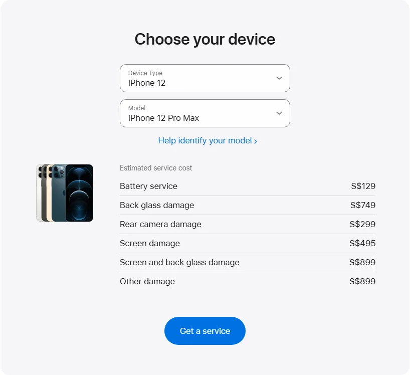 Apple Singapore's repair pricing panel showing iPhone 12 Pro Max service estimates