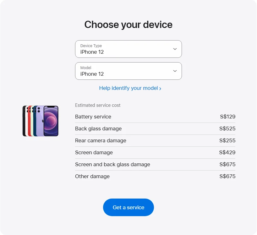 Apple Singapore's repair pricing panel showing iPhone 12 service estimates