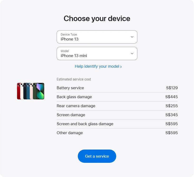 Apple Singapore's repair pricing panel showing iPhone 13 mini service estimates