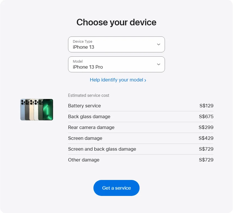 Apple Singapore's repair pricing panel showing iPhone 13 Pro service estimates
