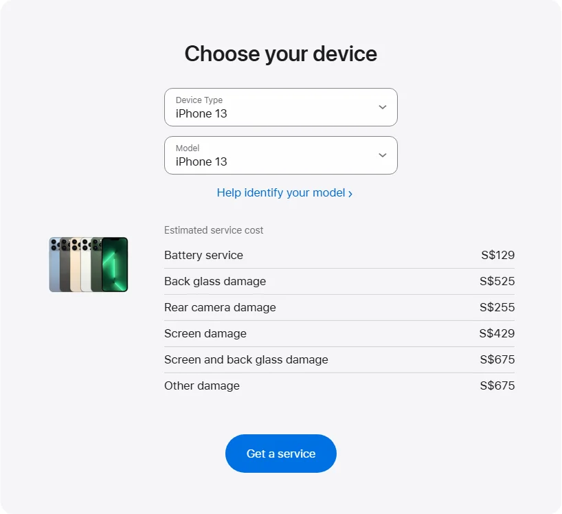Apple Singapore's repair pricing panel showing iPhone 13 service estimates
