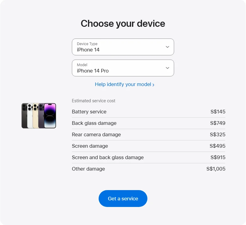 Apple Singapore's repair pricing panel showing iPhone 14 Pro service estimates