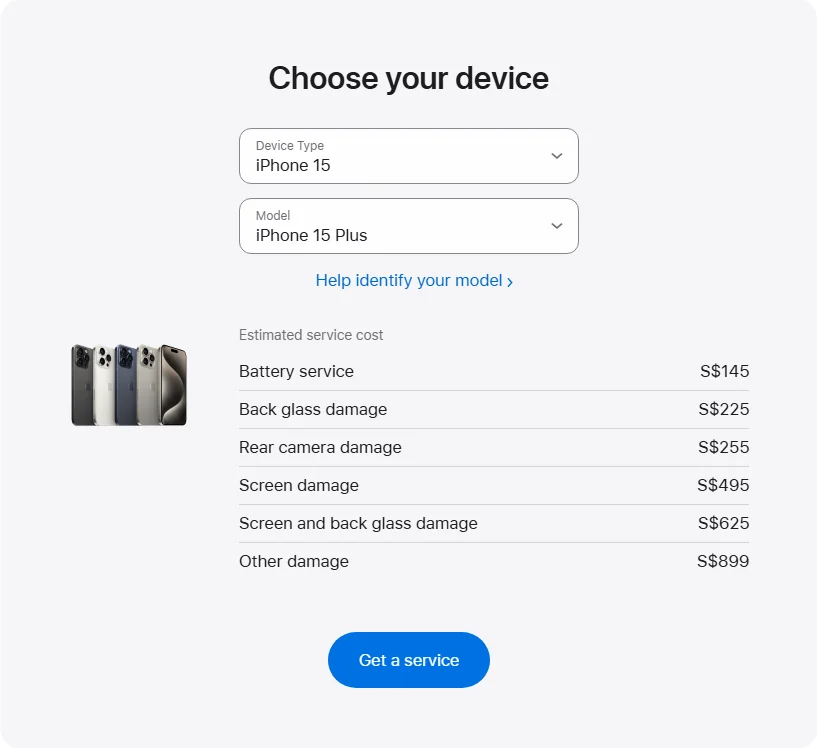 Apple Singapore's repair pricing panel showing iPhone 15 Plus service estimates