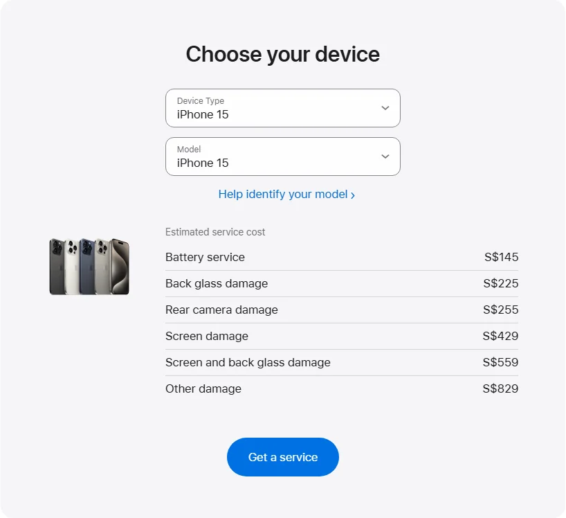 Apple Singapore's repair pricing panel showing iPhone 15 service estimates