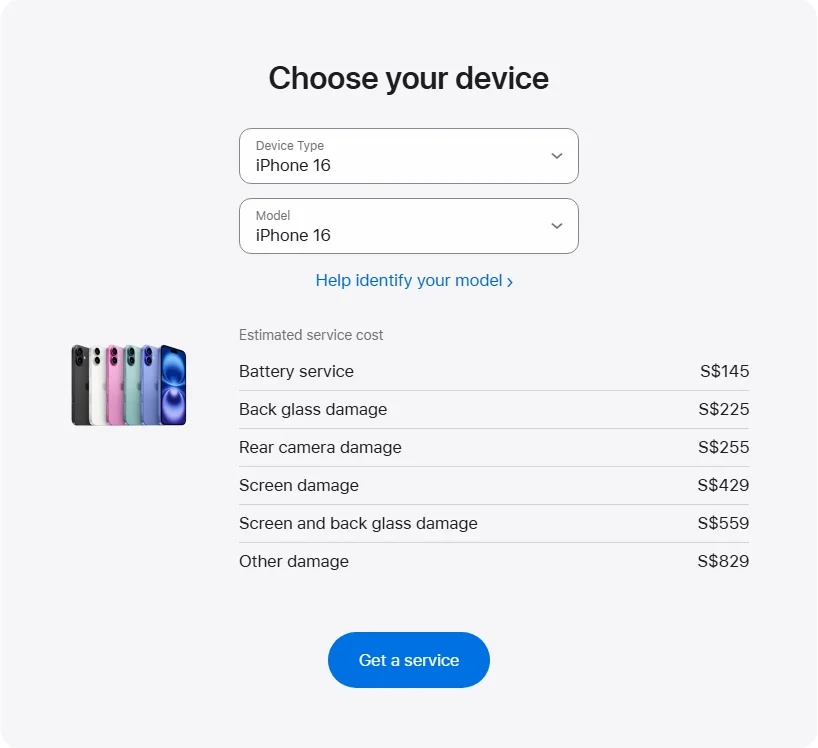 Apple Singapore's repair pricing panel showing iPhone 16 service estimates