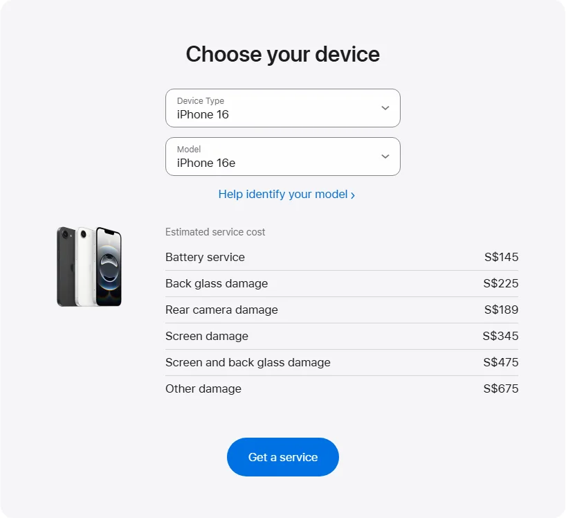 Apple Singapore's repair pricing panel showing iPhone 16e service estimates