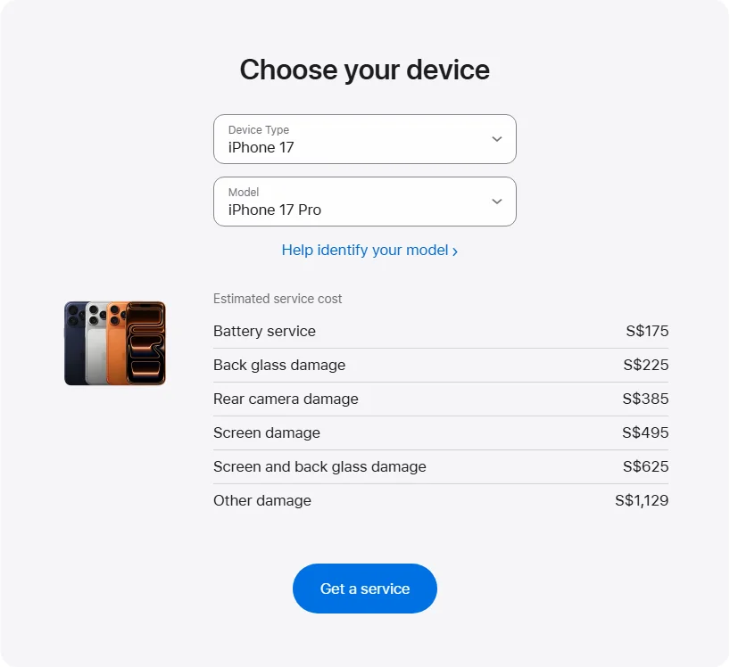 Apple Singapore's repair pricing panel showing iPhone 17 Pro service estimates
