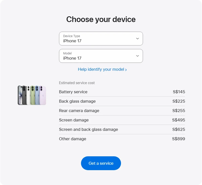 Apple Singapore's repair pricing panel showing iPhone 17 service estimates