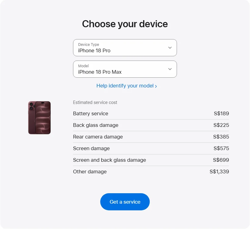 Apple Singapore's repair pricing panel showing iPhone 18 Pro Max service estimates