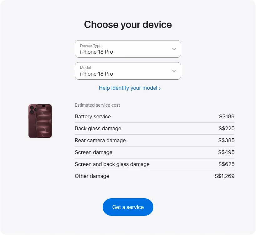 Apple Singapore's repair pricing panel showing iPhone 18 Pro service estimates