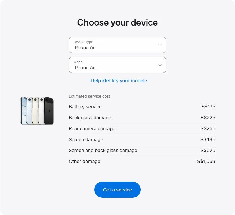 Apple Singapore's repair pricing panel showing iPhone Air service estimates