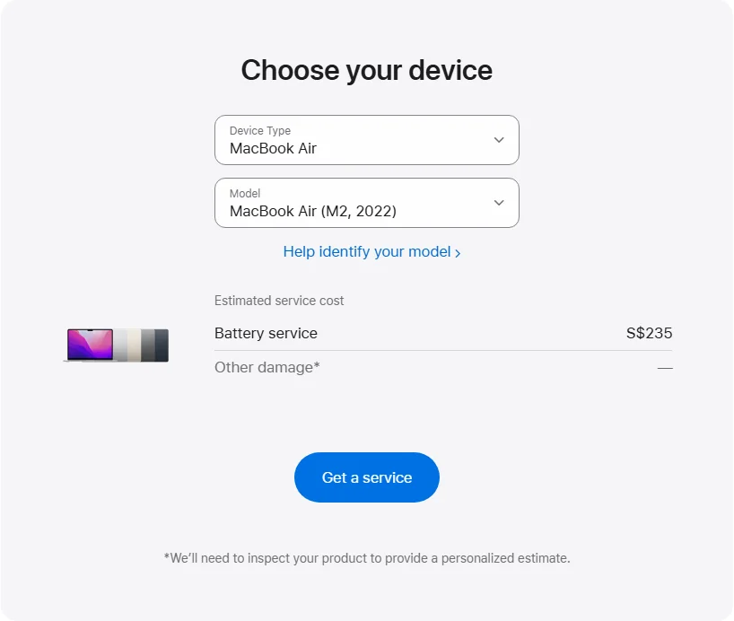 Apple Singapore's repair pricing panel showing MacBook Air (M2, 2022) service estimates