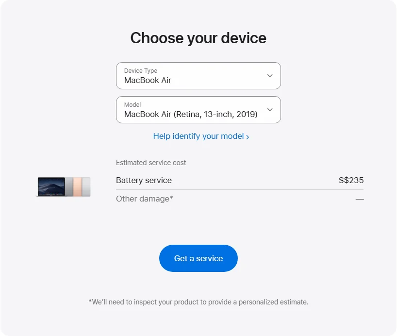 Apple Singapore's repair pricing panel showing MacBook Air (Retina, 13-inch, 2019) service estimates