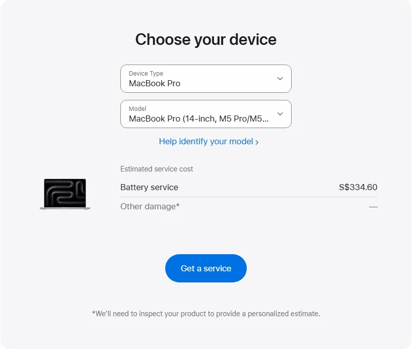 Apple Singapore's repair pricing panel showing MacBook Pro (14-inch, M5 Pro/M5 Max) service estimates