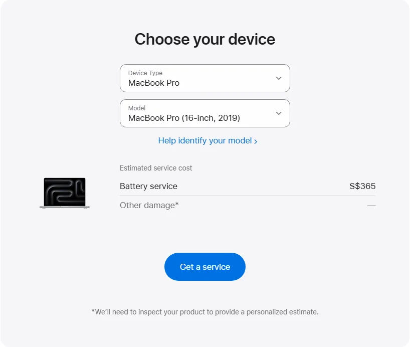 Apple Singapore's repair pricing panel showing MacBook Pro (16-inch, 2019) service estimates