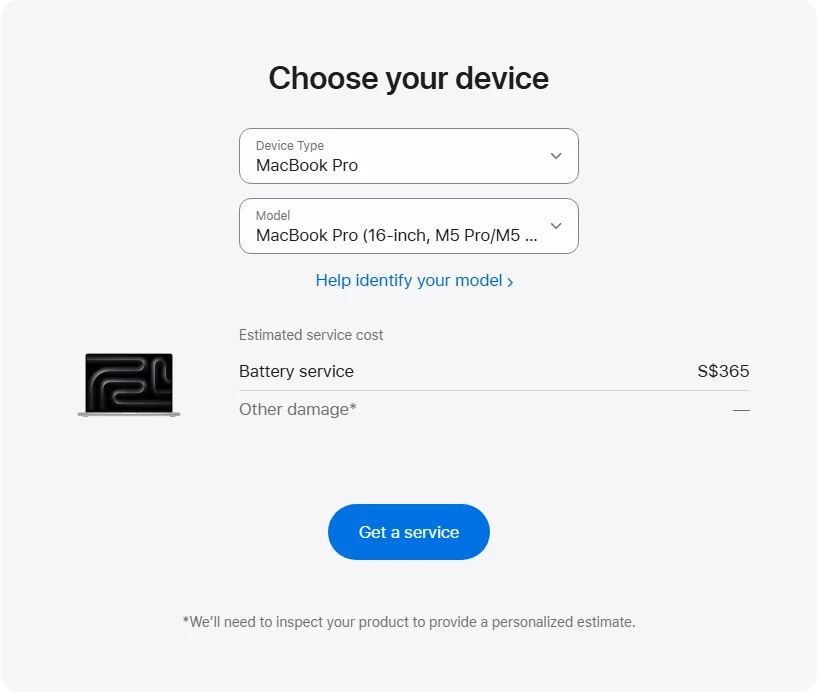 Apple Singapore's repair pricing panel showing MacBook Pro (16-inch, M5 Pro/M5 Max) service estimates
