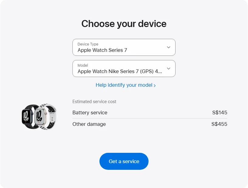 Apple Singapore's repair pricing panel showing Apple Watch Nike Series 7 (GPS) 45 mm service estimates