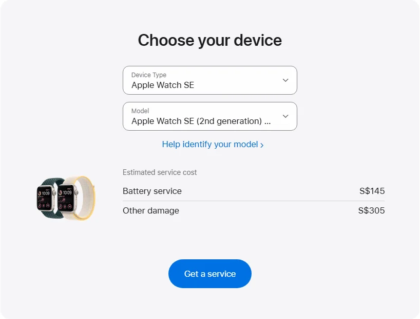 Apple Singapore's repair pricing panel showing Apple Watch SE (2nd generation) GPS 40 mm service estimates