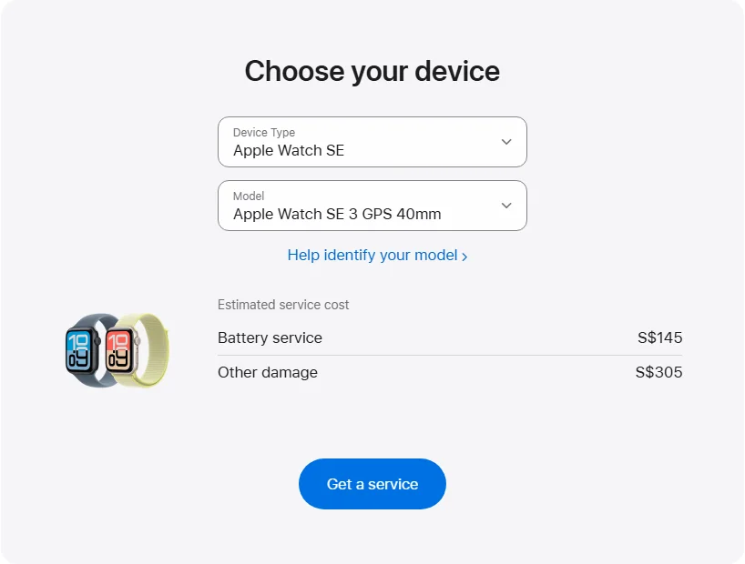 Apple Singapore's repair pricing panel showing Apple Watch SE 3 GPS 40mm service estimates