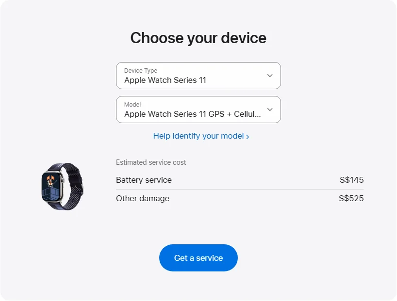 Apple Singapore's repair pricing panel showing Apple Watch Series 11 GPS + Cellular Aluminum 42mm service estimates