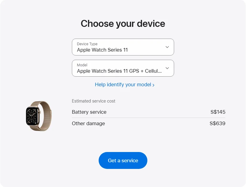 Apple Singapore's repair pricing panel showing Apple Watch Series 11 GPS + Cellular Titanium 46mm service estimates