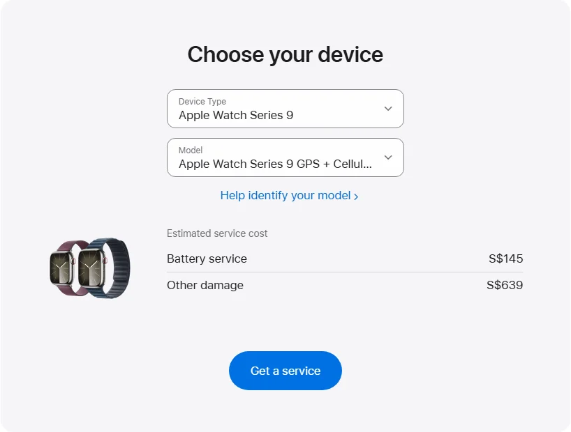 Apple Singapore's repair pricing panel showing Apple Watch Series 9 GPS + Cellular Stainless Steel 41mm service estimates