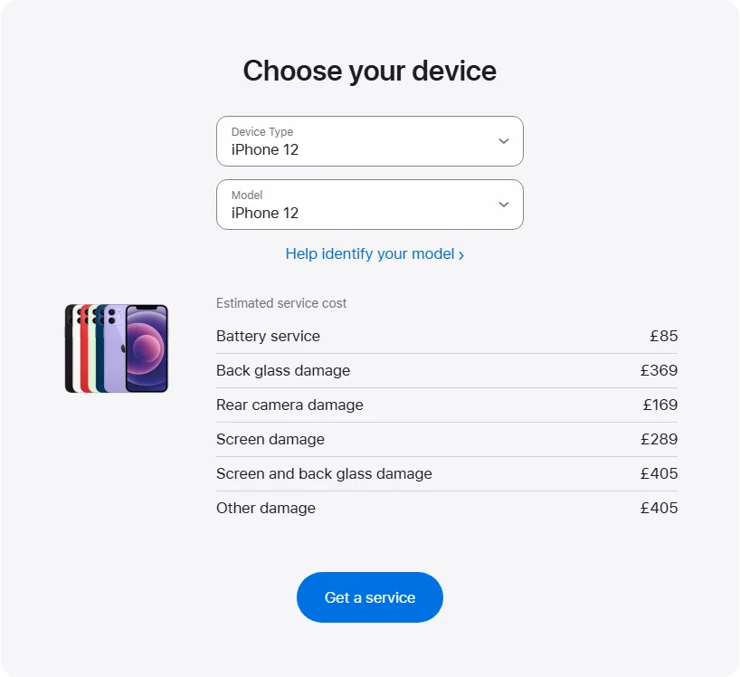 Apple UK's repair pricing panel showing iPhone 12 service estimates