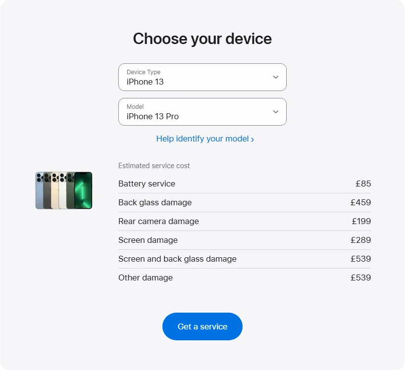 Apple UK's repair pricing panel showing iPhone 13 Pro service estimates