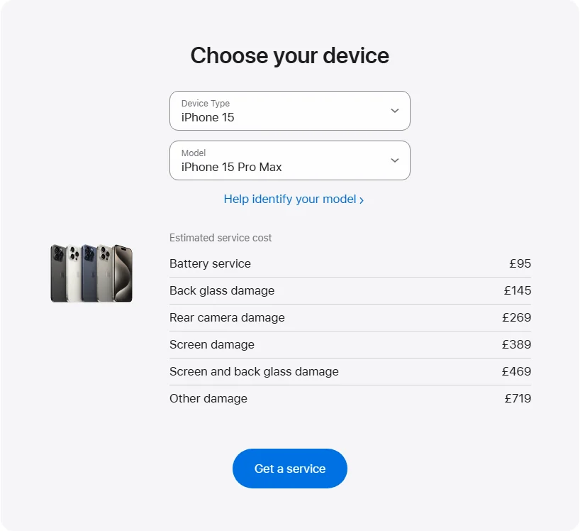 Apple UK's repair pricing panel showing iPhone 15 Pro Max service estimates
