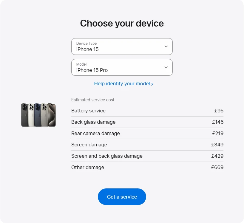 Apple UK's repair pricing panel showing iPhone 15 Pro service estimates