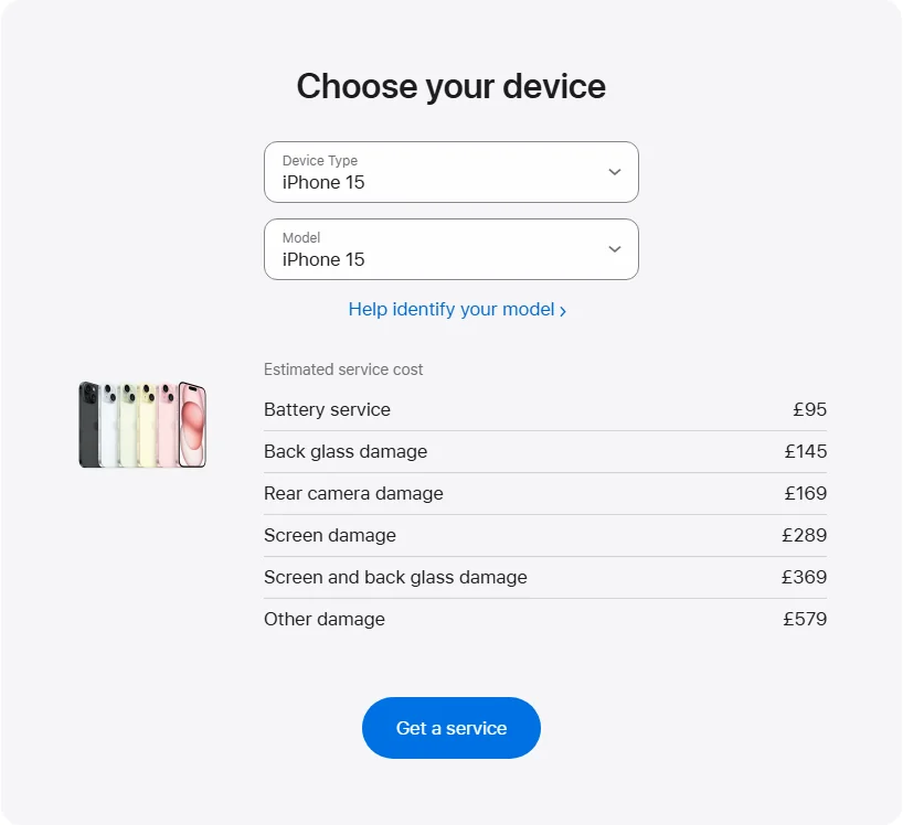 Apple UK's repair pricing panel showing iPhone 15 service estimates