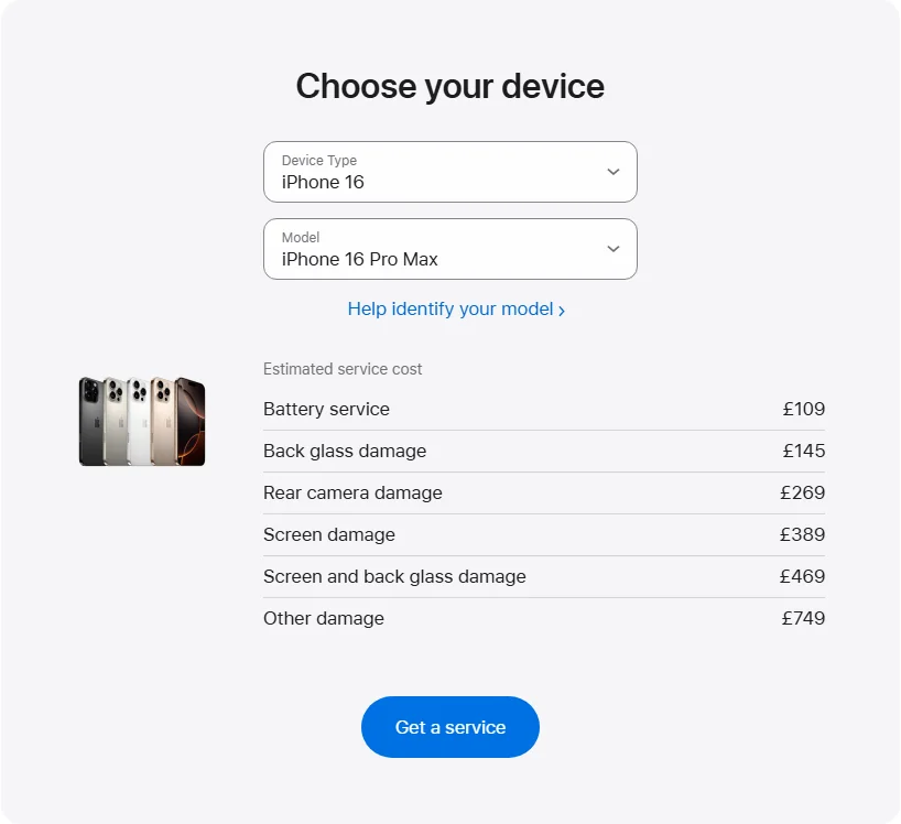 Apple UK's repair pricing panel showing iPhone 16 Pro Max service estimates