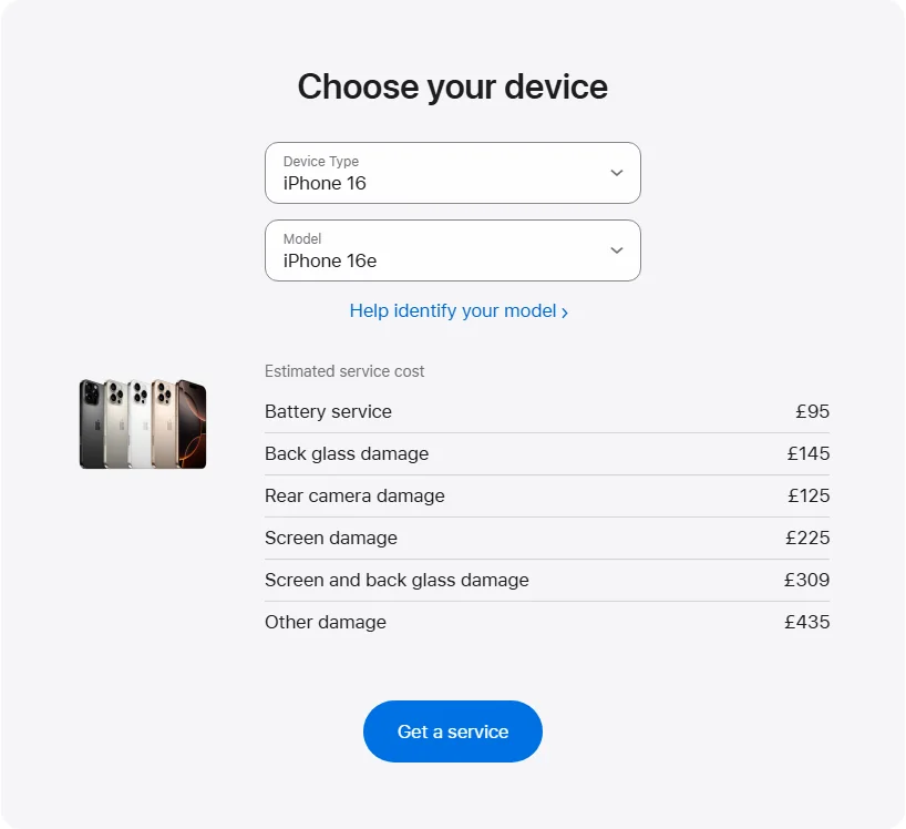 Apple UK's repair pricing panel showing iPhone 16e service estimates