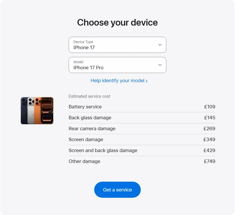 Apple UK's repair pricing panel showing iPhone 17 Pro service estimates