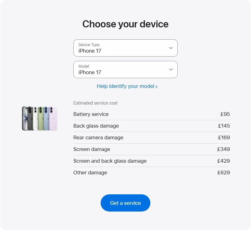 Apple UK's repair pricing panel showing iPhone 17 service estimates