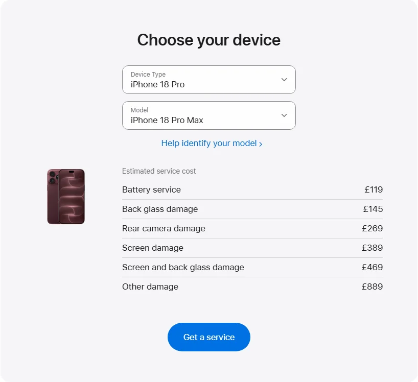 Apple UK's repair pricing panel showing iPhone 18 Pro Max service estimates