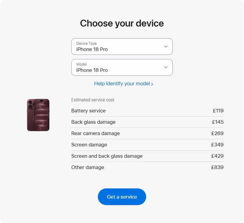 Apple UK's repair pricing panel showing iPhone 18 Pro service estimates