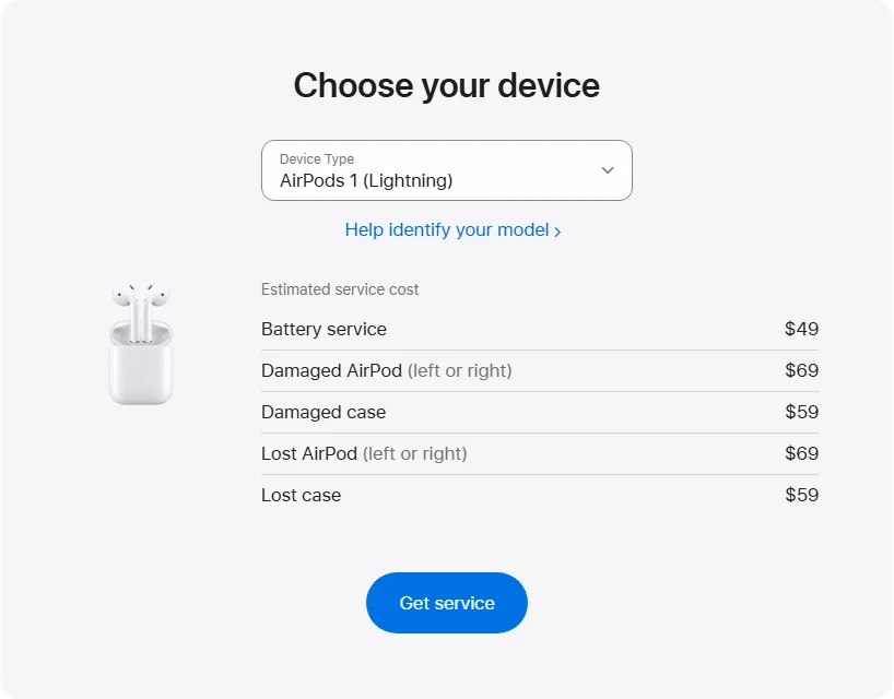 Apple US's repair pricing panel showing AirPods 1 (Lightning) service estimates